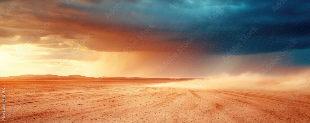Vast desert landscape under dramatic stormy skies at sunset Vast desert landscape under dramatic stormy skies at sunset