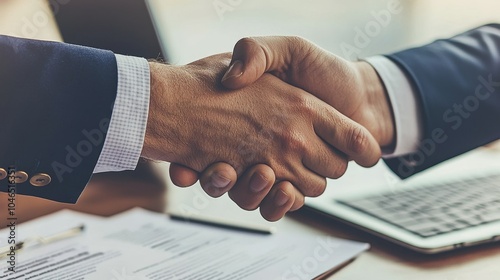 Two business professionals shake hands, symbolizing agreement, partnership, or collaboration in a professional setting.