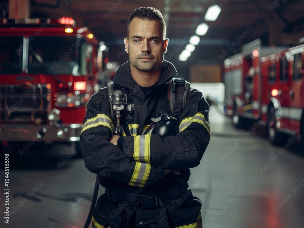 A firefighter stands confidently in a fire station, showcasing readiness and bravery. A firefighter stands confidently in a fire station, showcasing readiness and bravery.