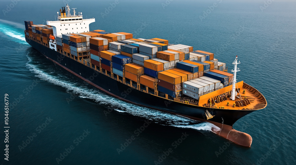 Fototapeta premium Large cargo container ship sailing in open sea carrying multiple shipping containers. Aerial view of commercial vessel navigating ocean, reflecting international maritime freight transport.