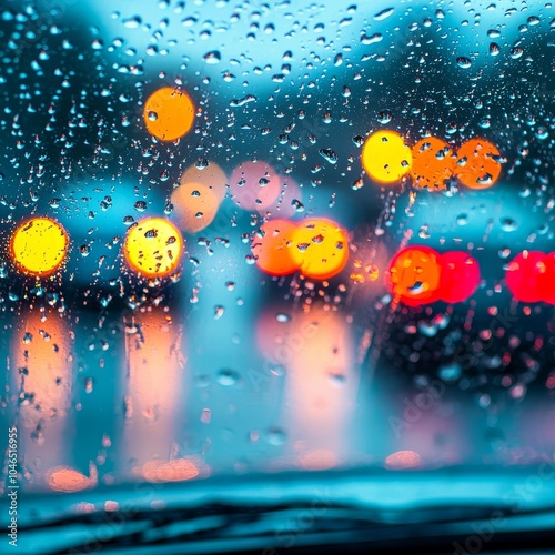 A close-up of a rain-soaked windshield creates a colorful bokeh effect from blurred lights, evoking a serene yet dynamic urban atmosphere.