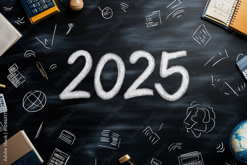 A creative illustration of the number 2025 drawn in white chalk on a blackboard, surrounded by various office supplies, calculators, and doodles representing global education and future learning A creative illustration of the number 2025 drawn in white chalk on a blackboard, surrounded by various office supplies, calculators, and doodles representing global education and future learning