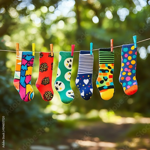 Fun socks hanging on a clothesline, bright colors and patterns, National Sock Day spirit photo