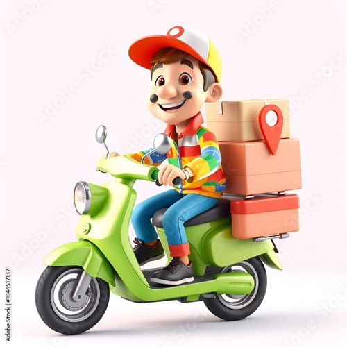 Create a vibrant 3D cartoon-style delivery man riding a bright green scooter
