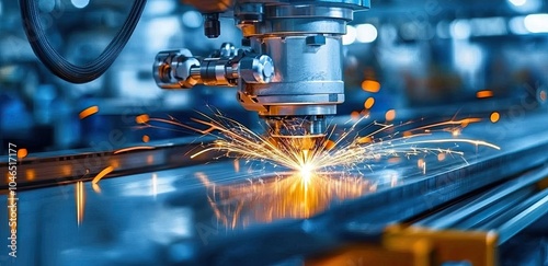 A laser-cut machine creating sparks of light, a close-up on the laser beam and the part being cut, a modern factory background with a copy space area for text. industrial and mechanical concept