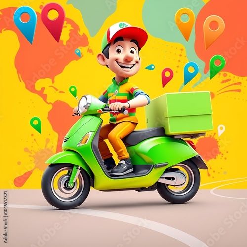 Create a vibrant 3D cartoon-style delivery man riding a bright green scooter