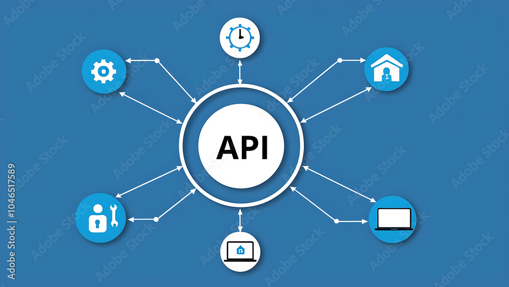 network diagram of 'API', API icons, Digital network, Blue background network diagram of 'API', API icons, Digital network, Blue background