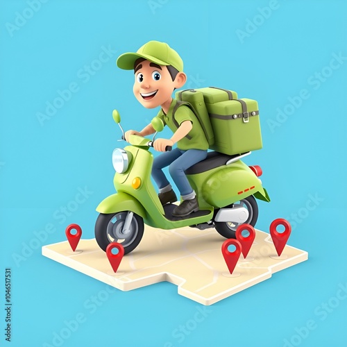 Create a vibrant 3D cartoon-style delivery man riding a bright green scooter
