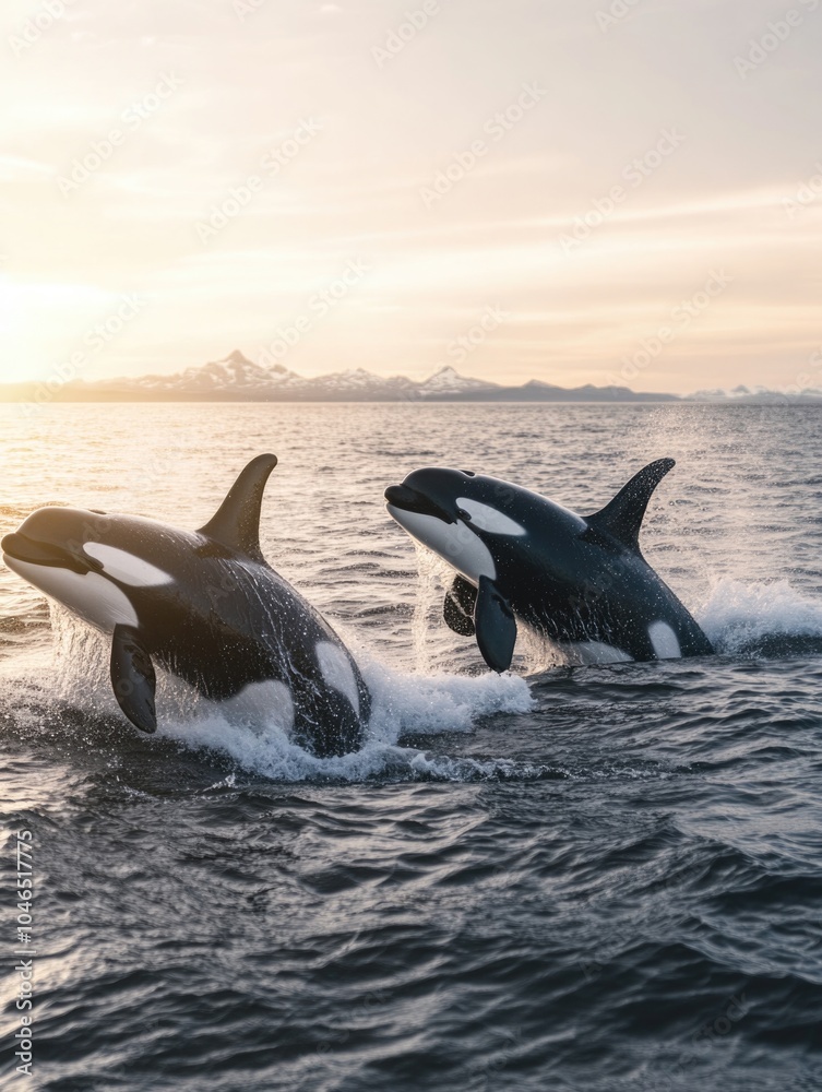 Fototapeta premium Orca Whales Jumping Out Water