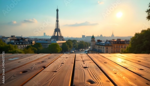 Product placement wooden table, blurred paris background with copy space product display mockup photo