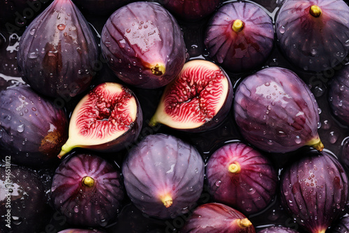 A colorful array of fresh figs arranged beautifully on a dark surface with water droplets