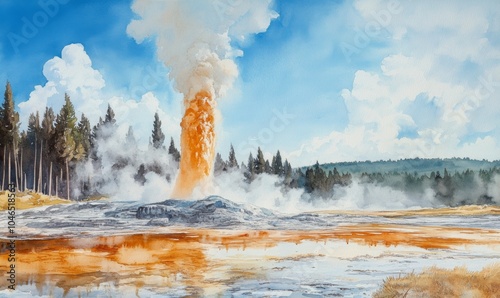 Watercolor Pohutu Geyser is erupting in Whakarewarewa Thermal Valley, Rotorua, in the North Island of New Zealand photo