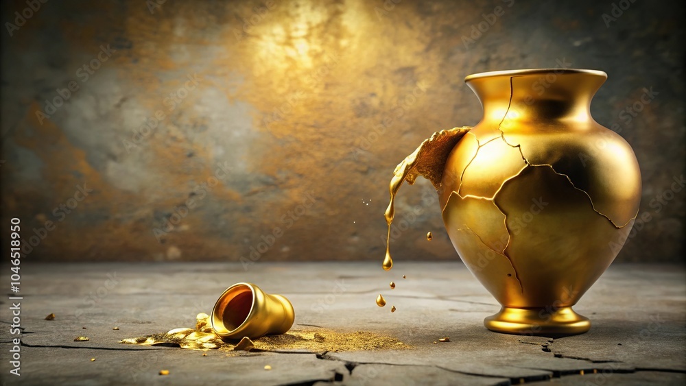 Golden slime spills out of a cracked vase on a dusty background, background, golden liquid, old pot, dust