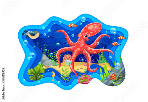 Paper cut banner with sea octopus, fish shoal and underwater landscape, colorful starfish, seahorse, coral and aquatic plants. 3d vector blue wavy, papercut border with the ocean and marine life