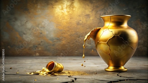 Obraz na płótnie Golden slime spills out of a cracked vase on a dusty background, background, golden liquid, old pot, dust w salonie