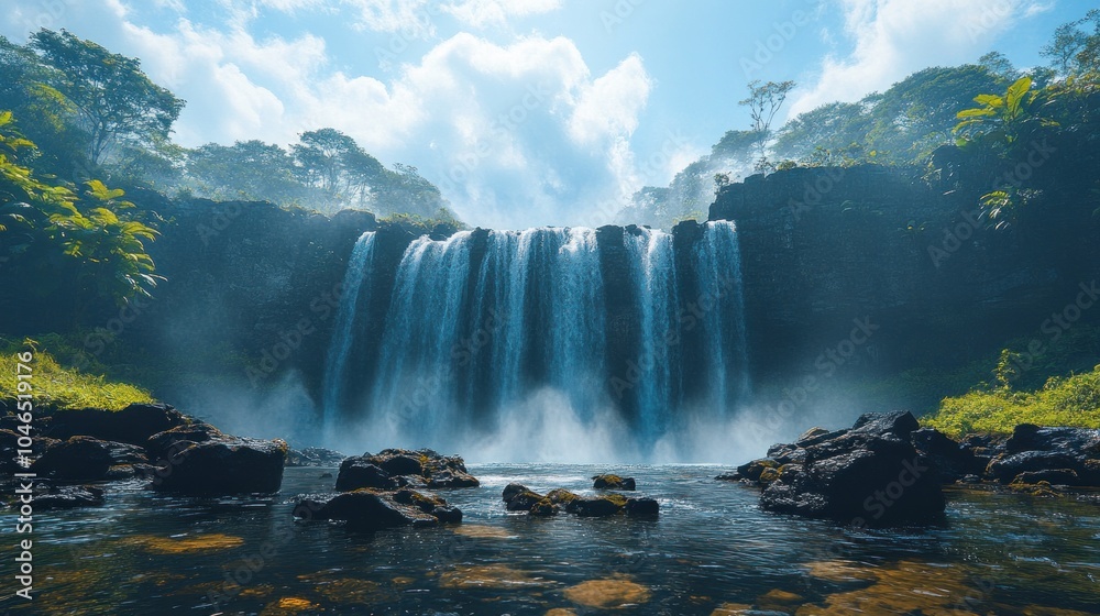 Fototapeta premium A serene waterfall surrounded by lush greenery and mist.