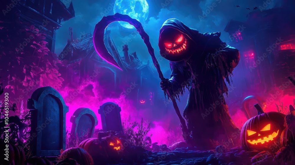 Neon grim reaper with glowing red eyes and a scythe, standing next to neon gravestones and glowing pumpkins Neon grim reaper with glowing red eyes and a scythe, standing next to neon gravestones and glowing pumpkins