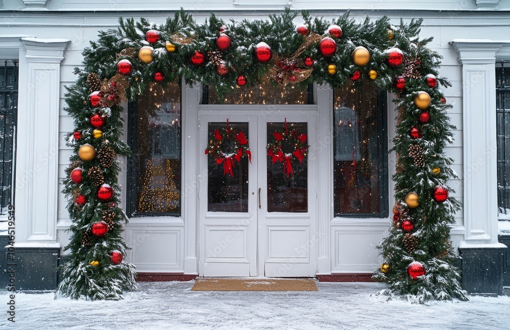 Fototapeta premium Christmas garland with red and yellow balls on festive shop roof under falling snow