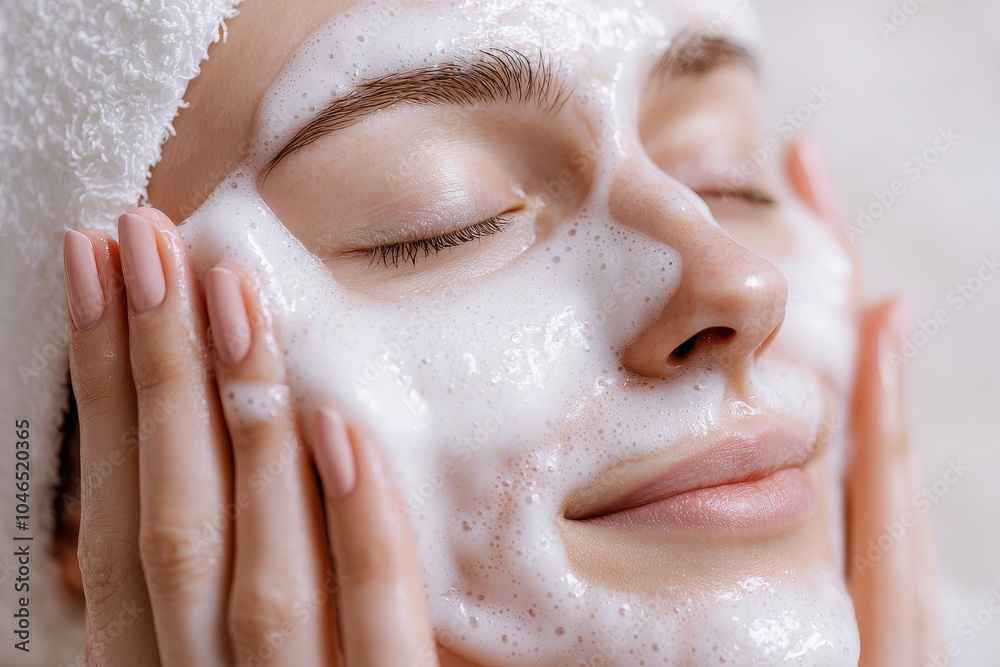 A woman applies a cleansing foam to her face, enjoying a refreshing skincare routine while looking relaxed and content. A woman applies a cleansing foam to her face, enjoying a refreshing skincare routine while looking relaxed and content.