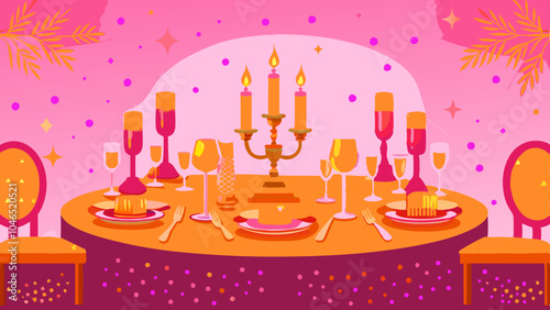 Sophisticated dining setup featuring elegant candles, exquisite dishes, and sparkling glassware against a vibrant pink backdrop