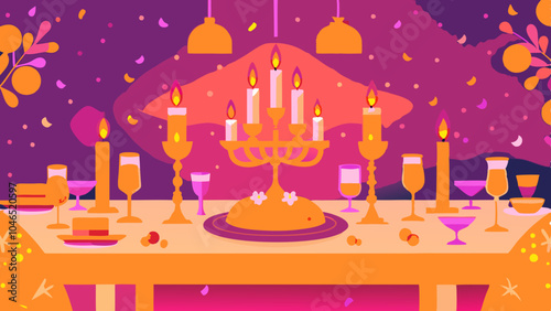 Elegant festive table arrangement with candles and sweets for celebration in vivid hues