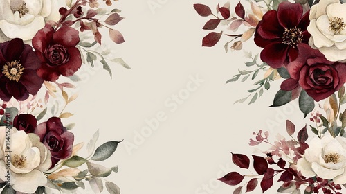Watercolor Burgundy and White Floral Border with Greenery