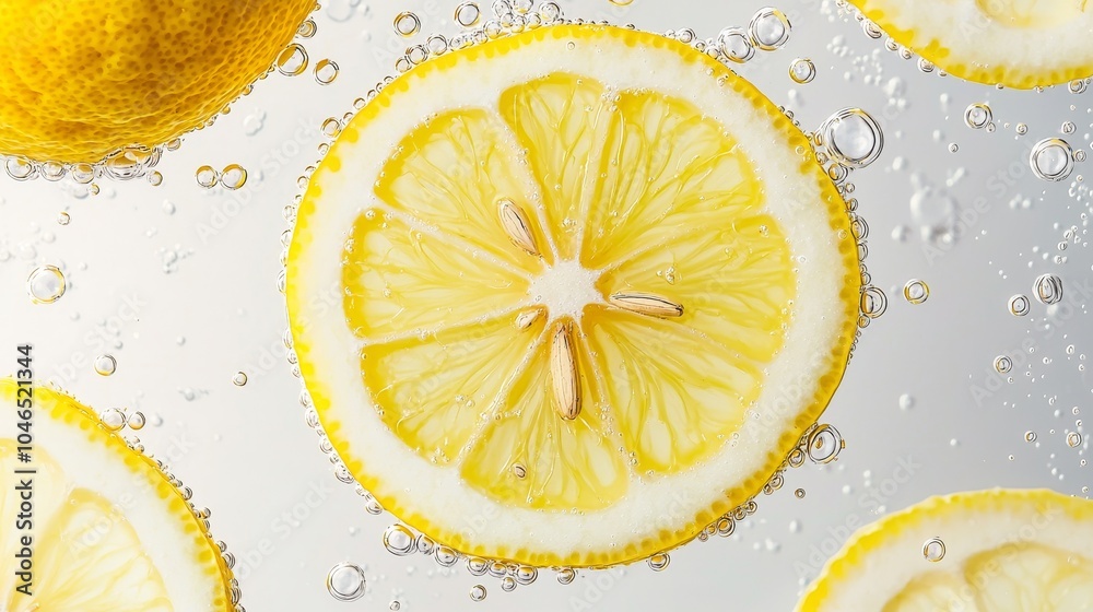 Juicy lemon slices are submerged in sparkling bubbles, creating a refreshing and vibrant scene perfect for culinary inspiration. Juicy lemon slices are submerged in sparkling bubbles, creating a refreshing and vibrant scene perfect for culinary inspiration.