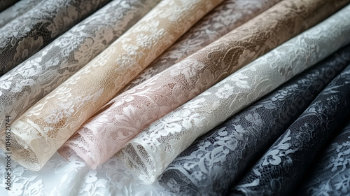 Soft lace fabric rolls in various colors, showcasing intricate floral patterns. Ideal for crafting, fashion design, and home decor projects, these delicate materials add elegance and charm