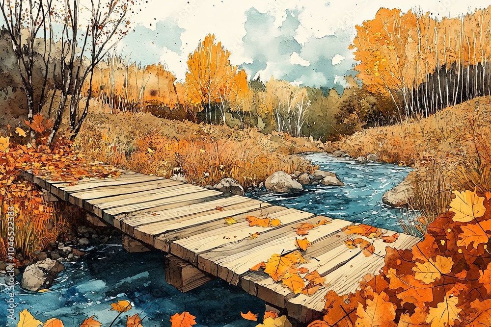 Autumn landscape with wooden bridge over a serene stream Autumn landscape with wooden bridge over a serene stream