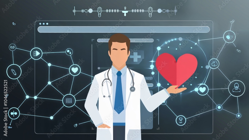 Doctor icon with heart symbol and medical data network illustrating telehealth and patient care. Digital healthcare concept Doctor icon with heart symbol and medical data network illustrating telehealth and patient care. Digital healthcare concept