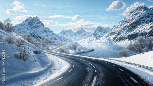 Snowy mountain road with a winding path, surrounded by a breathtaking landscape of snow-capped mountains and a frozen lake.