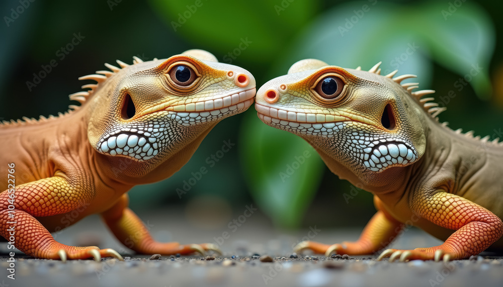 Two kissing iguanas in a close-up shot Two kissing iguanas in a close-up shot