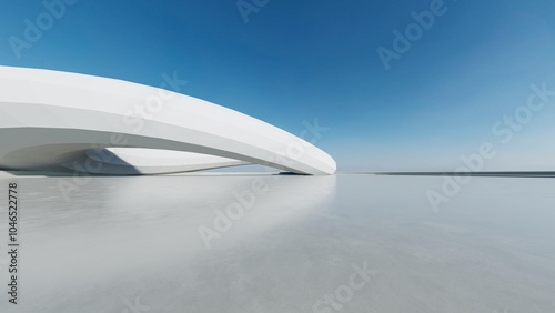 3d render of white futuristic architecture, abstract wavy structure with empty concrete floor