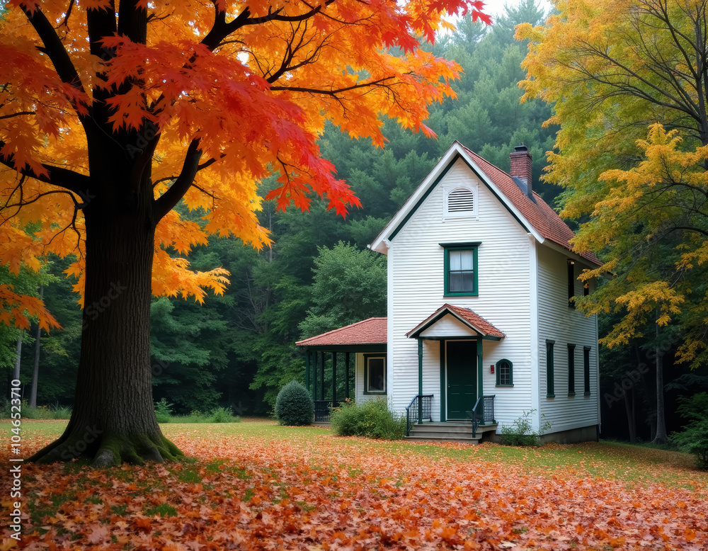 Autumn scene with house and colorful leaves Autumn scene with house and colorful leaves