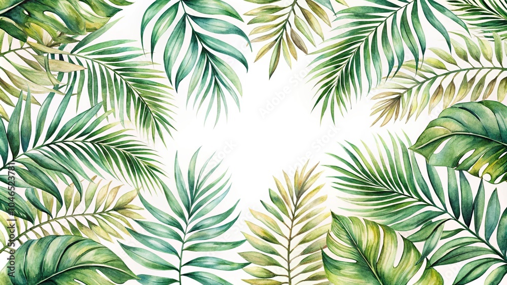 elegant watercolor palm leaf pattern on white background