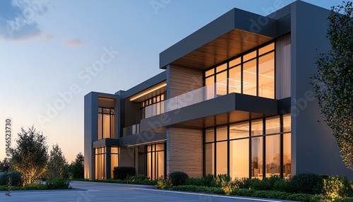 Modern architectural masterpiece featuring large glass windows and a sleek exterior design, set against a serene landscape at dusk.