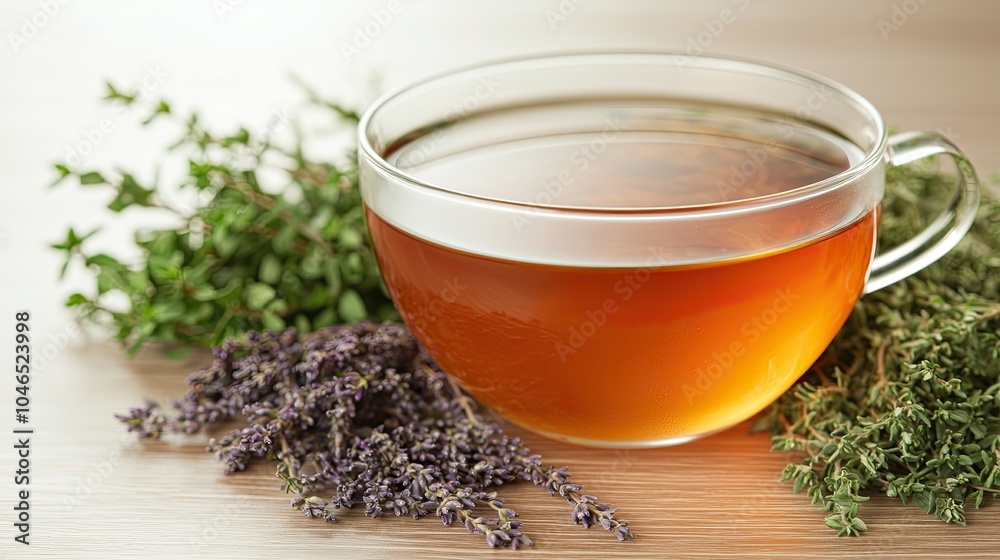 Fototapeta premium Herbal tea in a clear cup surrounded by fresh herbs, creating a calming and natural atmosphere.