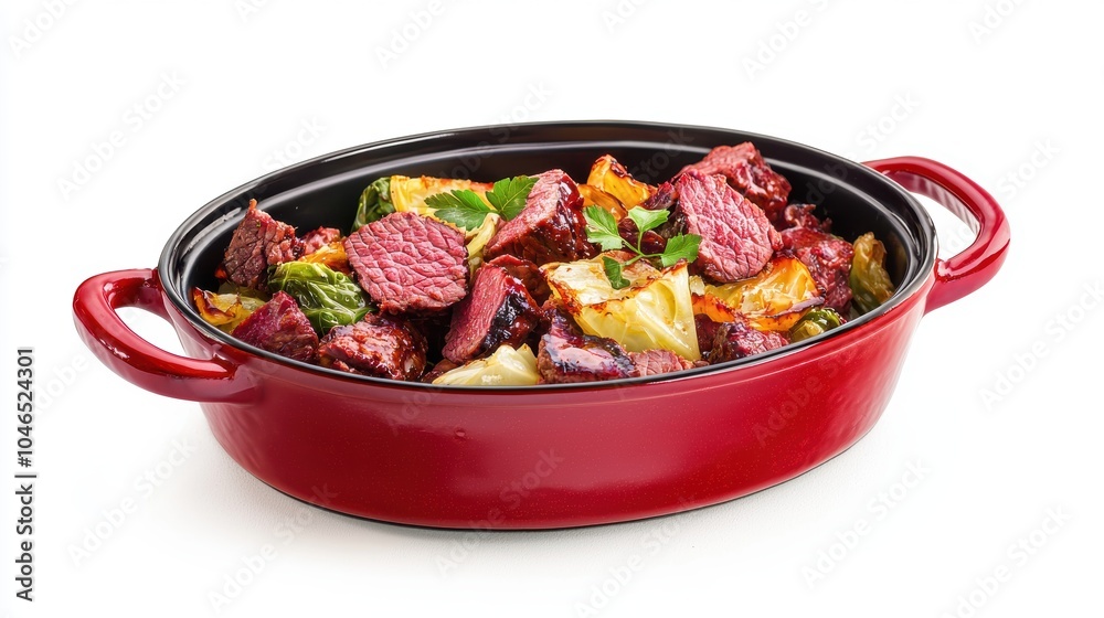 A red bowl filled with meat and vegetables