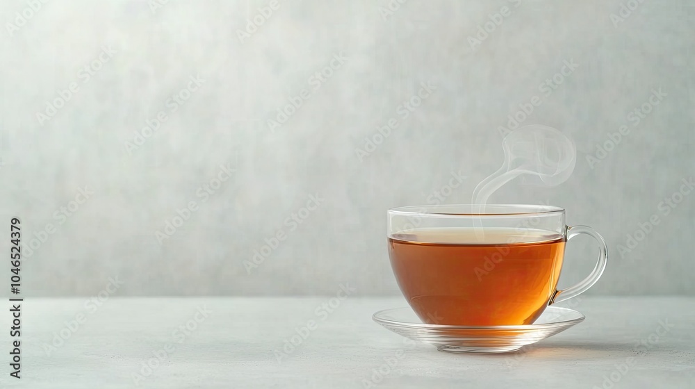 Fototapeta premium A steaming cup of tea sits on a sleek surface, exuding warmth and tranquility, perfect for moments of relaxation or contemplation.