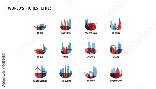 Richest cities by GDP logos, icons for infographics, index, presentation, ranking - Tokyo, New York, Los Angeles, London, Seoul, Paris, Chicago, Osaka, Beijing, Shanghai
