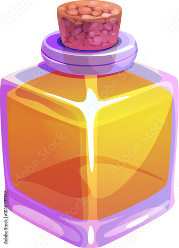 Cartoon lavender cosmetics oil sealed bottle with a cork stopper. Isolated vector transparent glass bottle of square shape, suggesting a fresh, natural floral scent for aromatherapy or beauty products