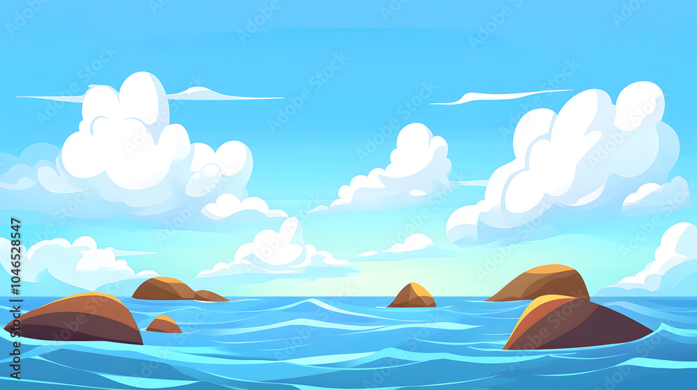 Sea landscape with clouds in blue sky in a flat design style Sea landscape with clouds in blue sky in a flat design style
