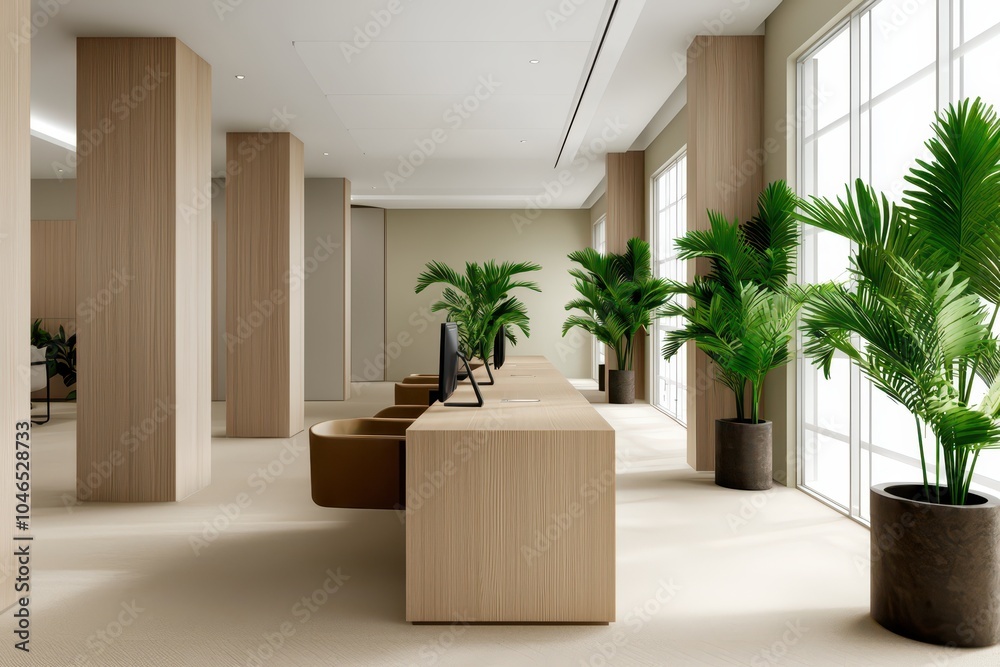 Fototapeta premium Modern office interior featuring sleek desks and vibrant indoor plants for a fresh, inspiring workspace.