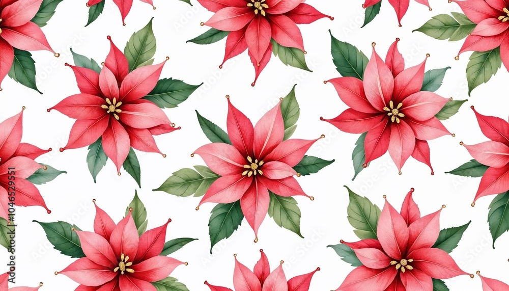 Fototapeta premium Vibrant floral pattern featuring red poinsettias and green leaves on a white background