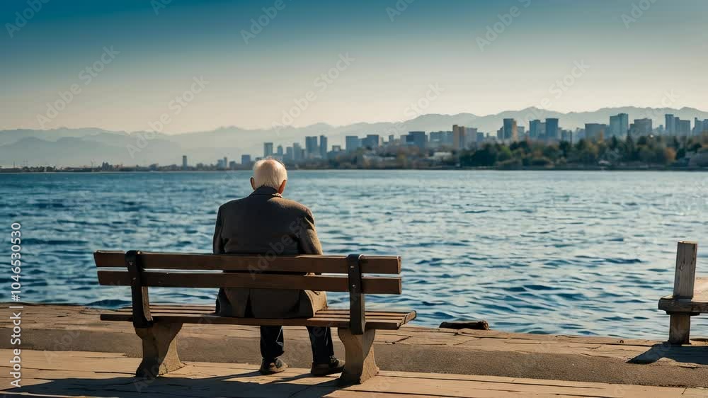 Elderly man sitting on a bench overlooking a city by the sea
Elderly man sitting on a bench overlooking a city by the sea