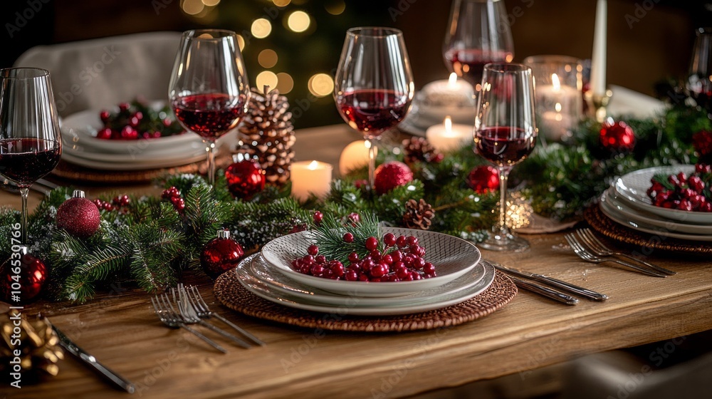 A table is set for a Christmas dinner with a red and green theme A table is set for a Christmas dinner with a red and green theme