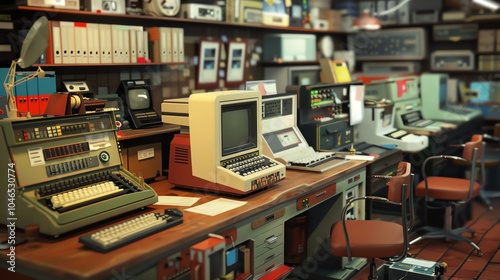 A 3D render of a stenographer s workspace with multiple machines