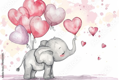 Adorable gray elephant joyfully holding heart-shaped balloons in a whimsical pastel setting, perfect for expressing love and friendship.