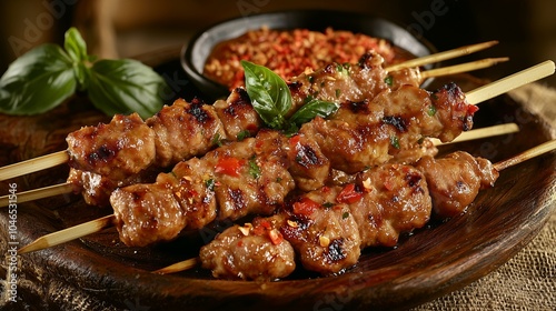 Grilled meat skewers with a sweet and spicy glaze.