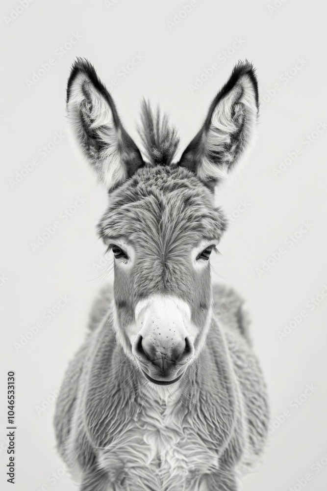 Fototapeta premium Close-up Portrait of a Donkey with Distinctive Ears and Expressive Face, Captured in High Contrast Black and White for Artistic Effect.
